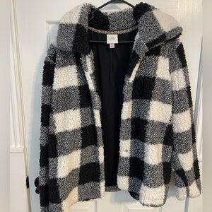 Sherpa Teddy Jacket Black & White Plaid Size XL by KNOX ROSE